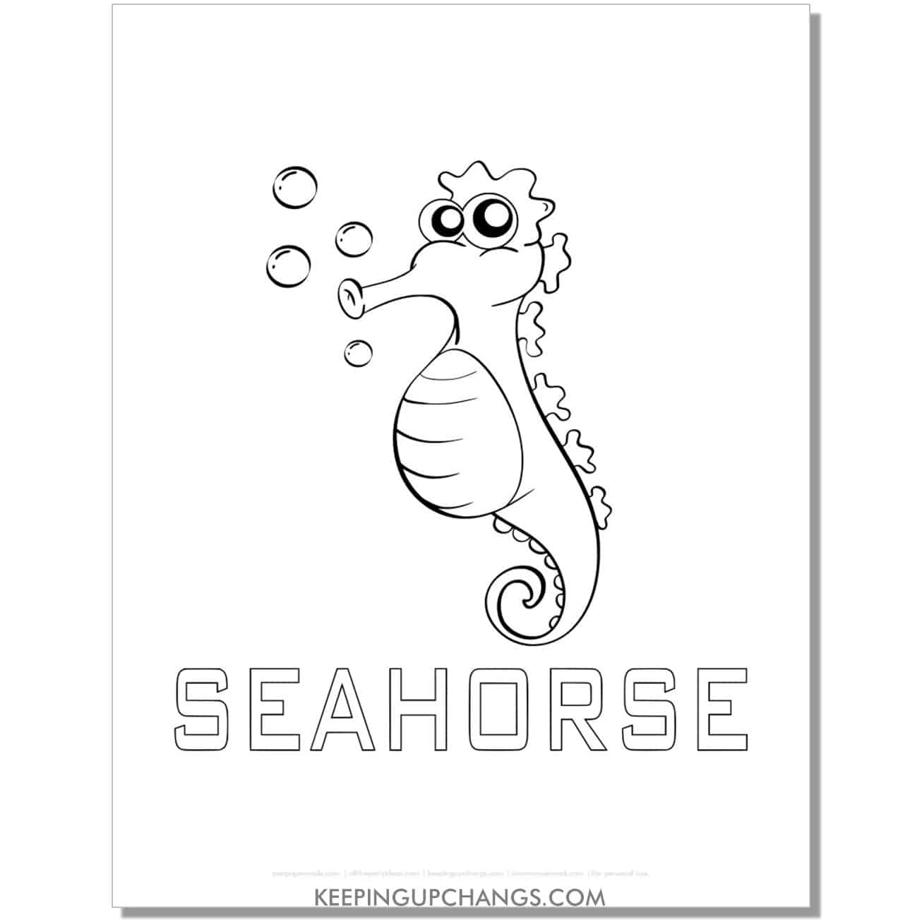 free funny seahorse with word coloring page, sheet.
