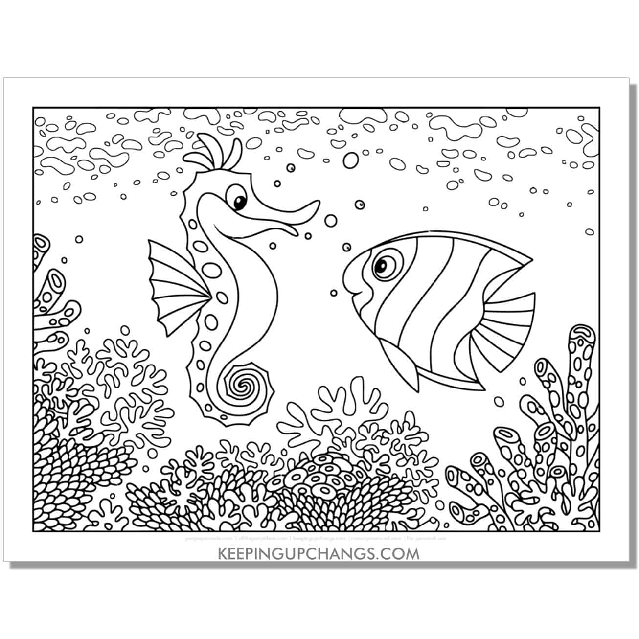 free detailed cartoon seahorse and fish coloring page, sheet.