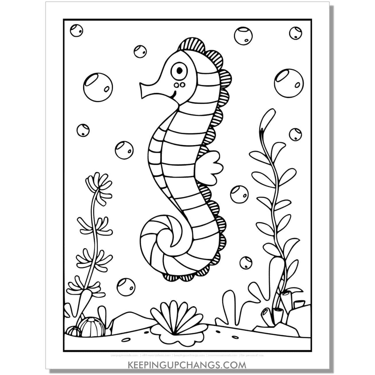 free full size seahorse coloring page, sheet for kids.