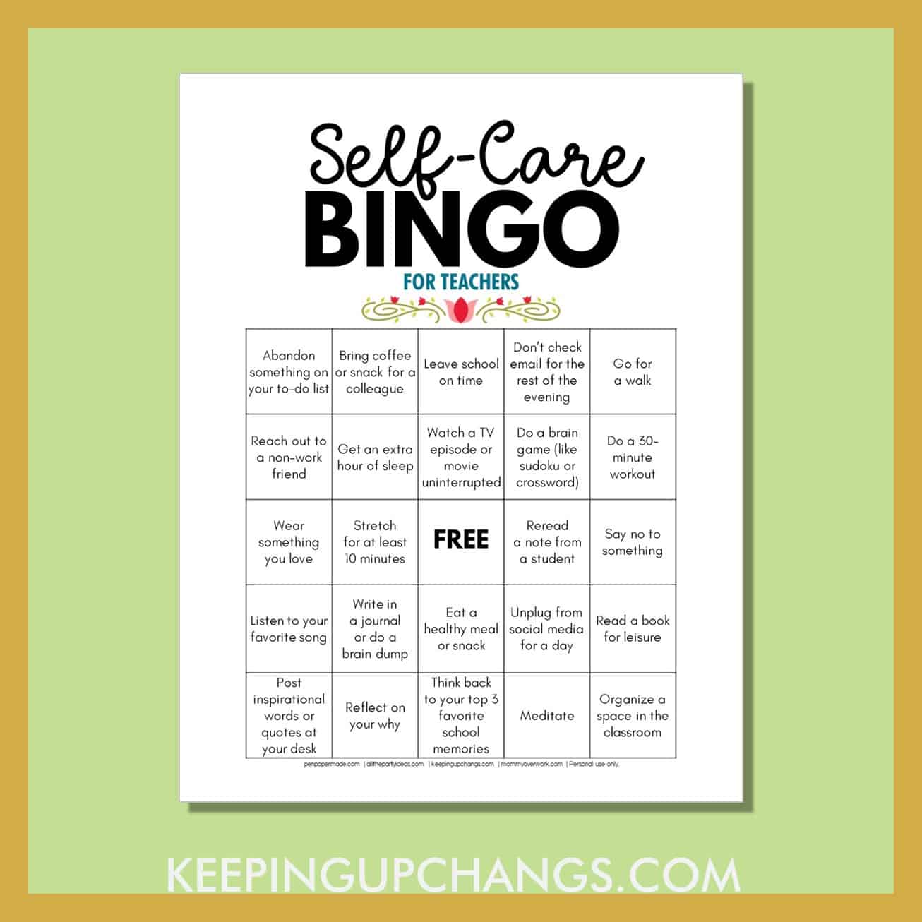 teacher self care bingo with fun activities for positivity and mental wellness.