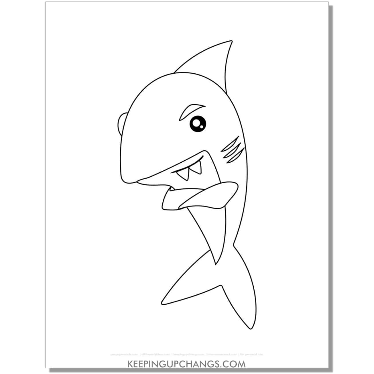 free angry shark coloring page, sheet with arms crossed.