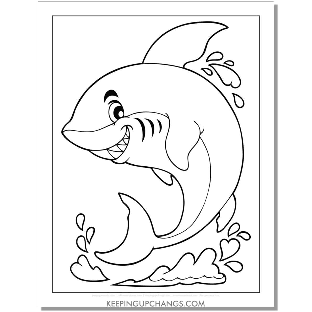 free happy great white shark out of water coloring page, sheet.