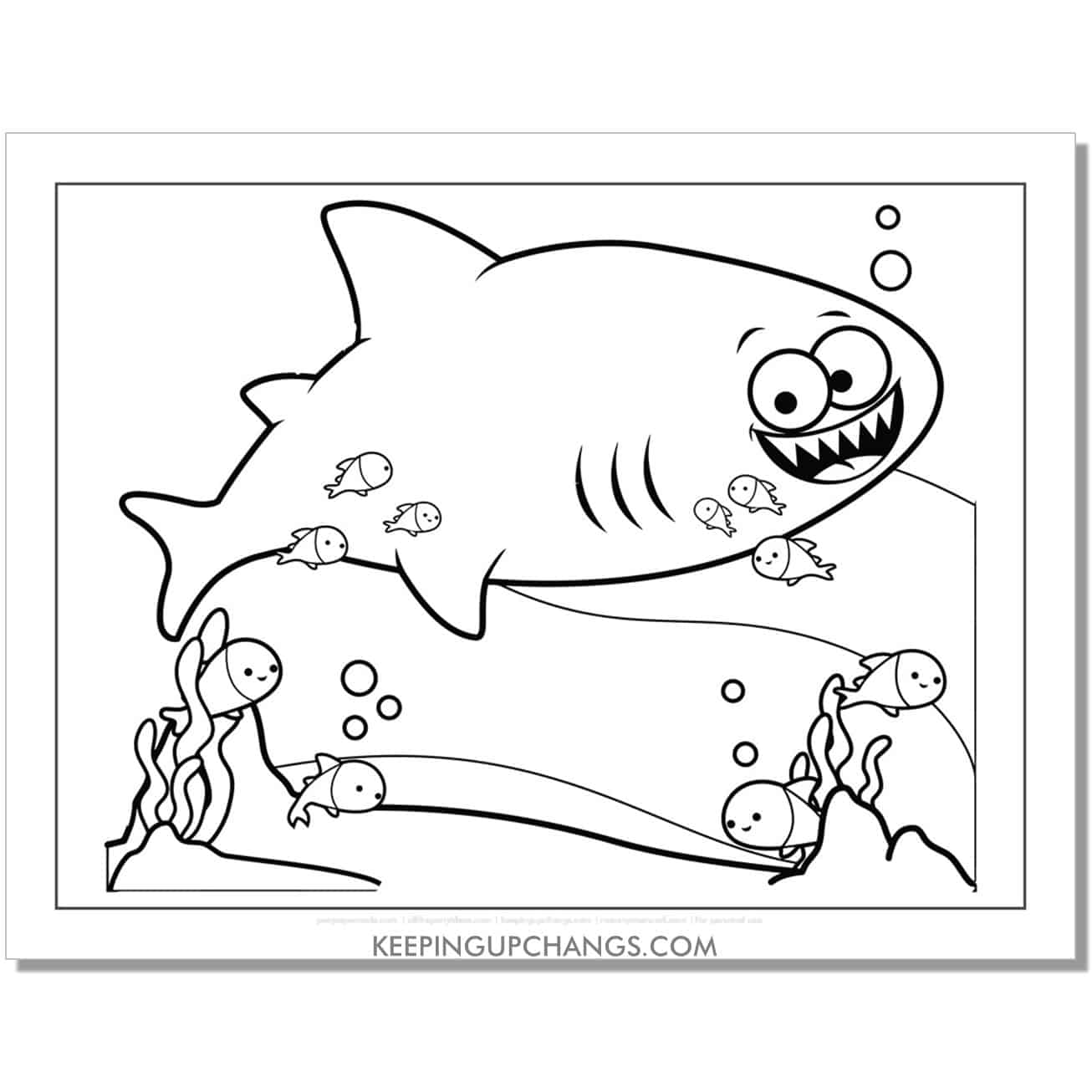 free cartoon funny shark coloring page, sheet.