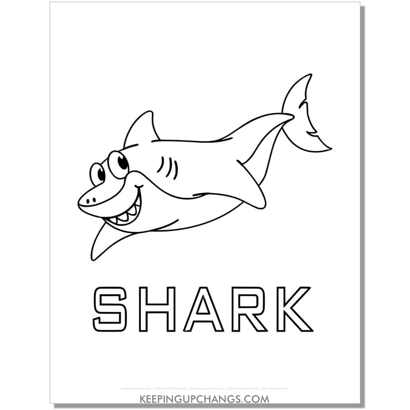 free shark with word coloring page, sheet.