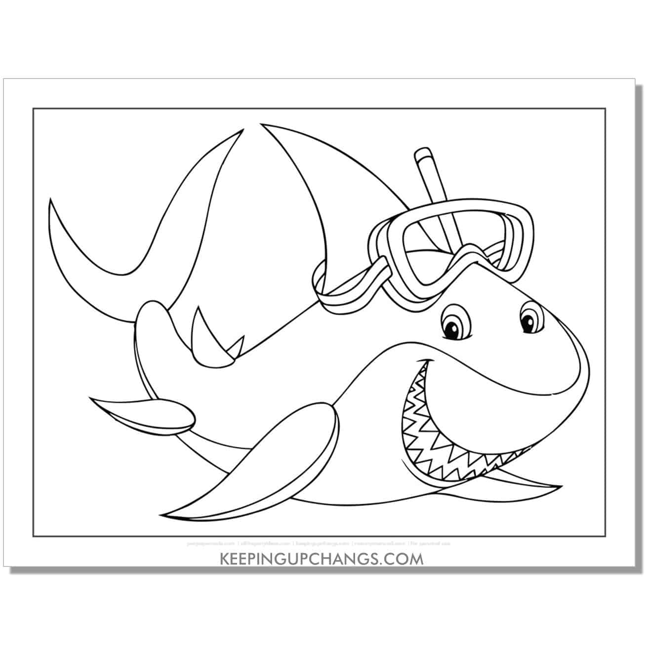 free snorkeling shark coloring page, sheet.