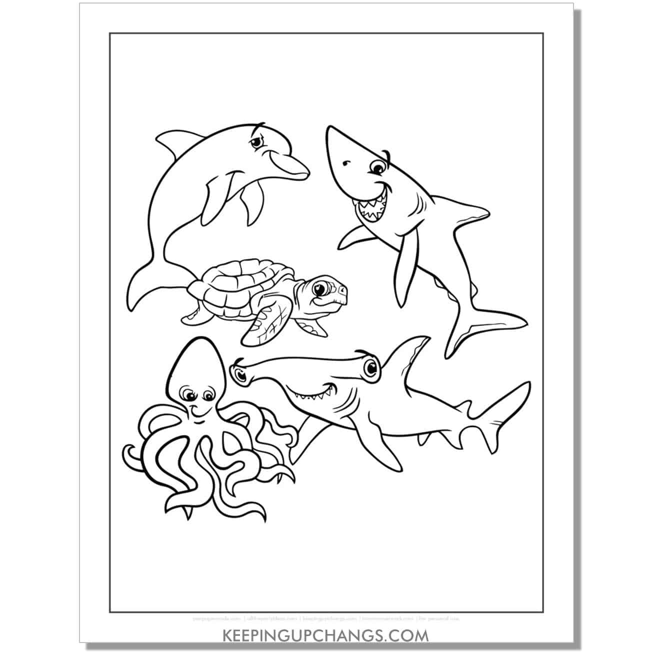 free shark, turtle, dolphin, octopus coloring page, sheet.