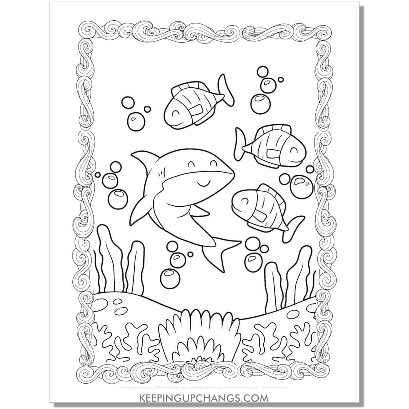 free shark with school of fish coloring page, sheet.