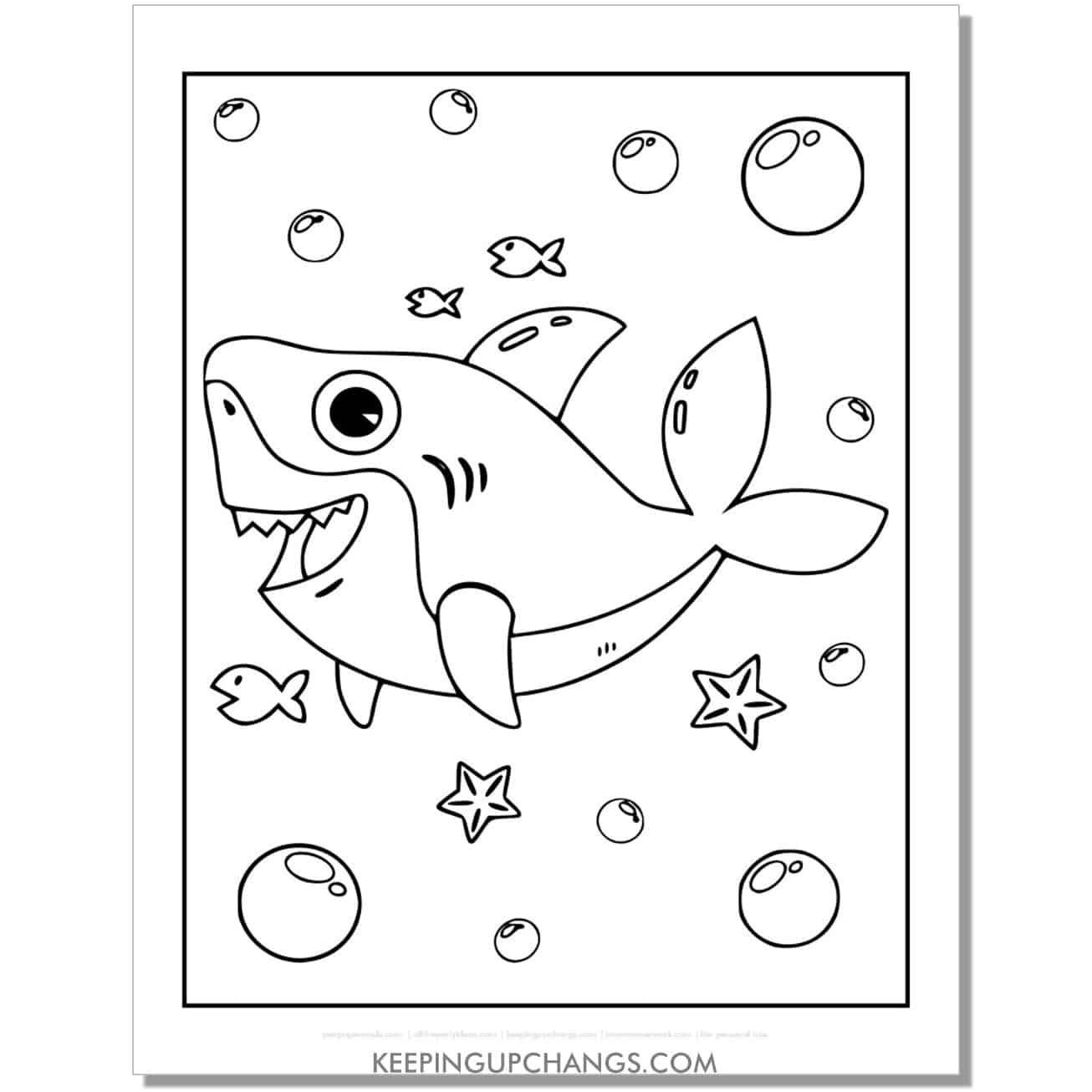 free cute shark with fish, bubbles coloring page, sheet.