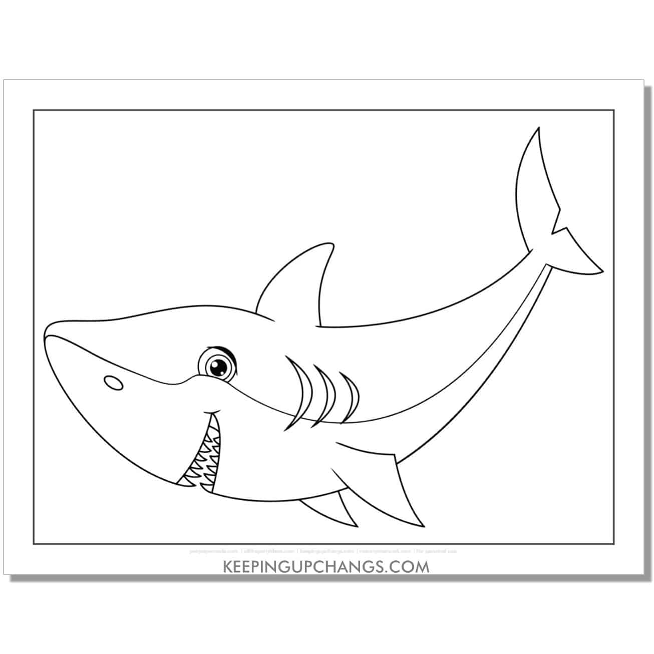 free smiling great white shark coloring page, sheet.