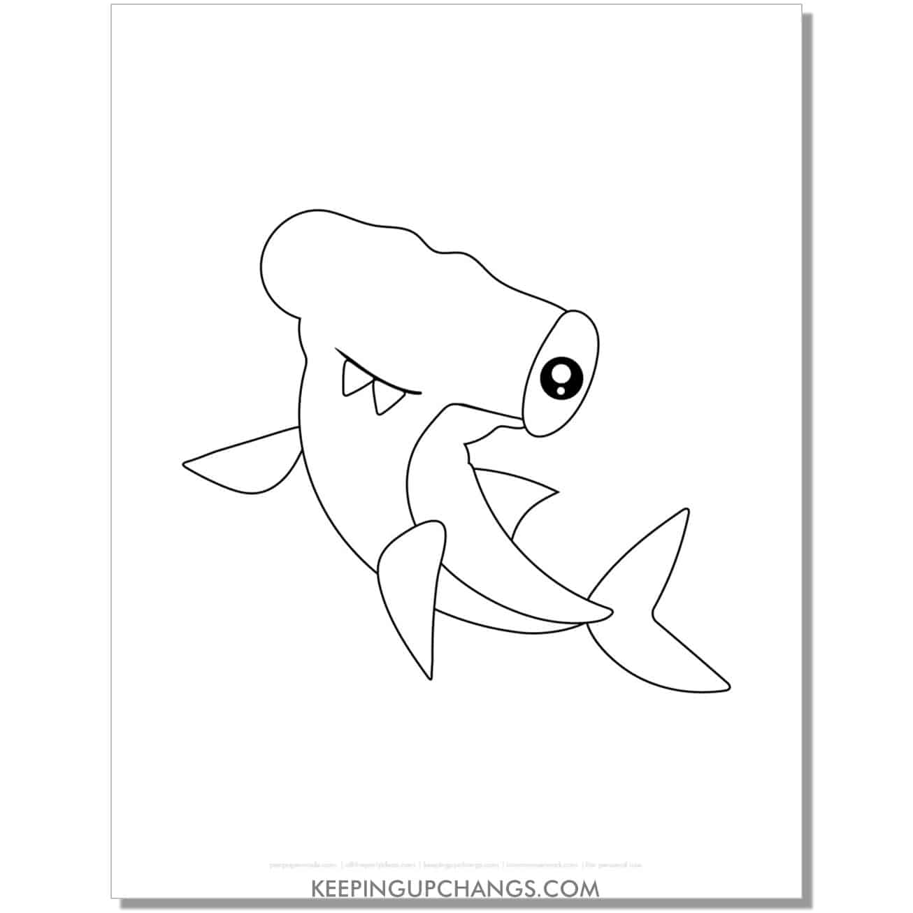 free cute hammerhead shark coloring page, sheet.