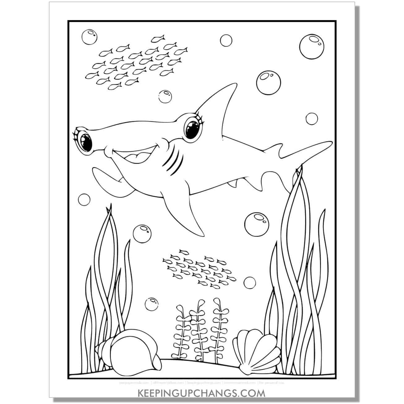 free girl hammerhead shark coloring page, sheet.