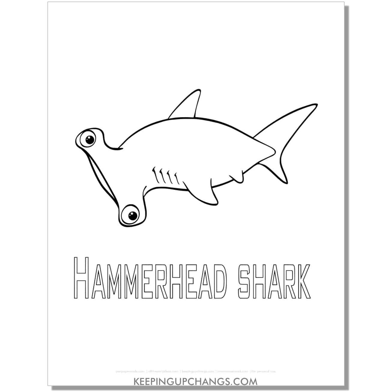 free hammerhead shark with word coloring page, sheet.
