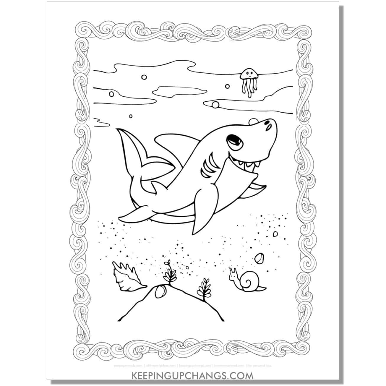 free shark with snail, jellyfish coloring page, sheet.