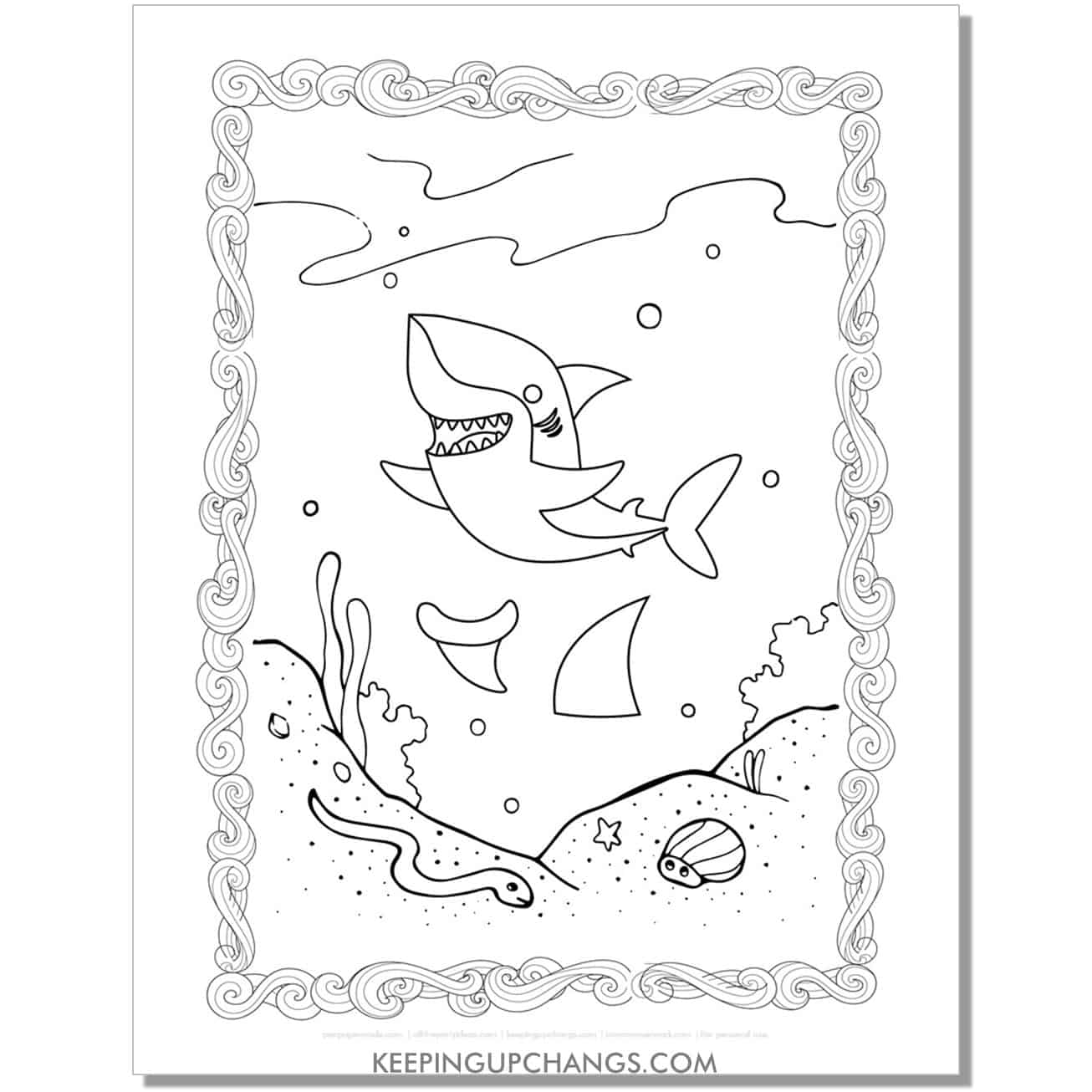 free shark with eel coloring page, sheet.