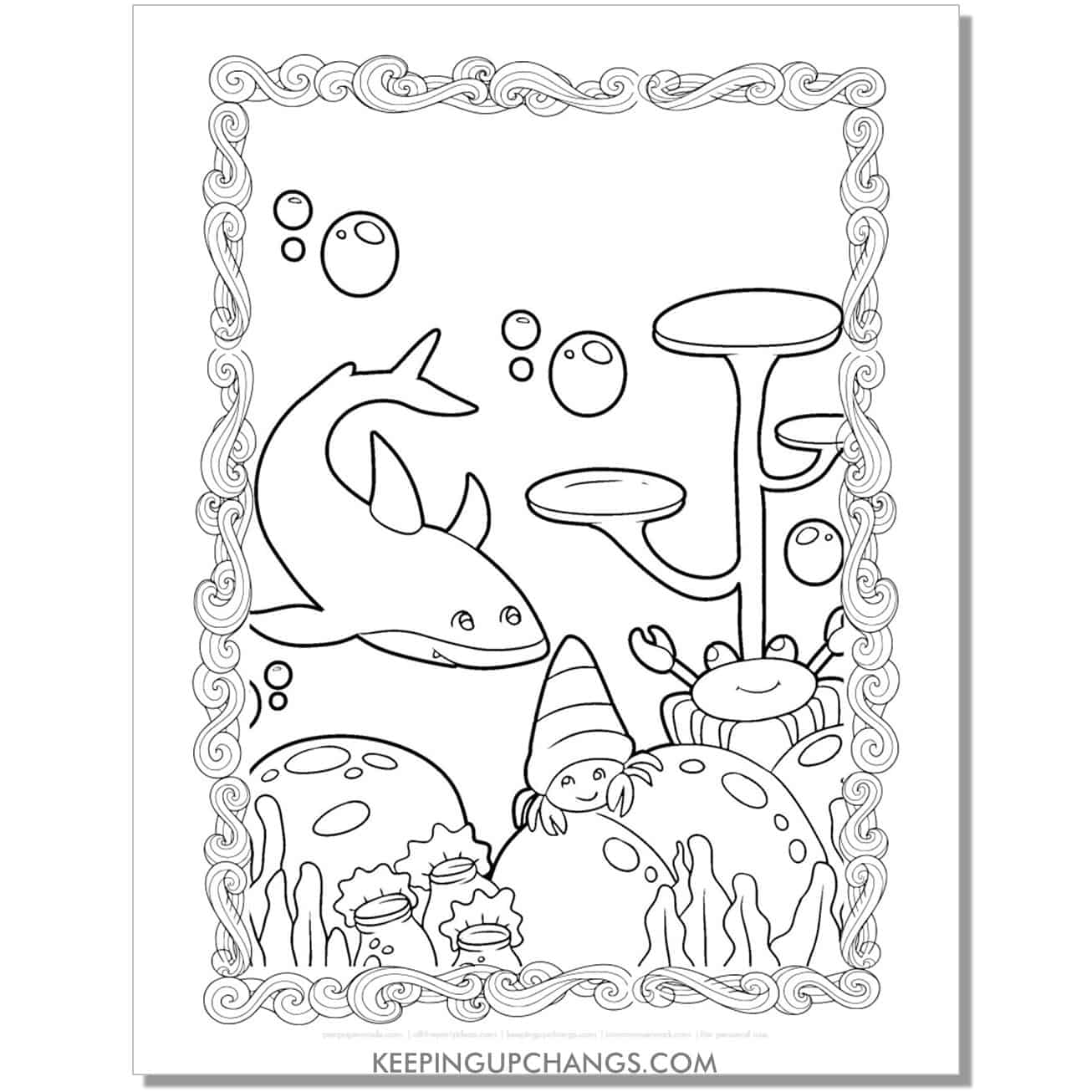 free shark with crabs coloring page, sheet.