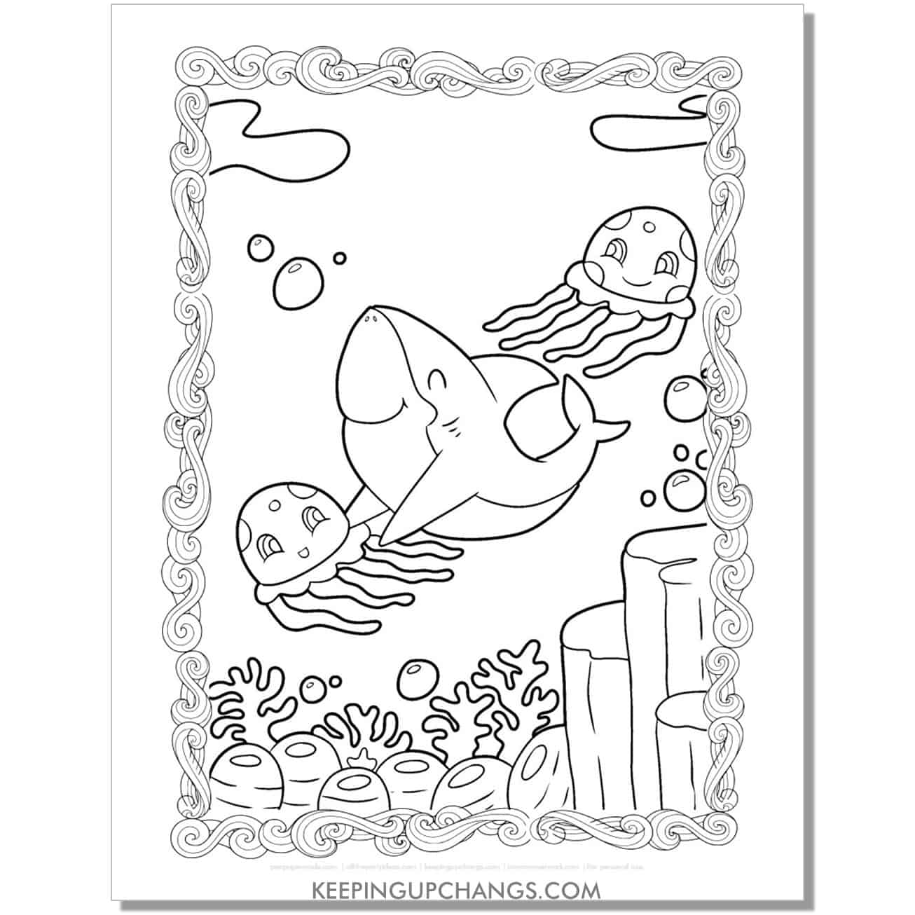 free shark with jellyfish coloring page, sheet.