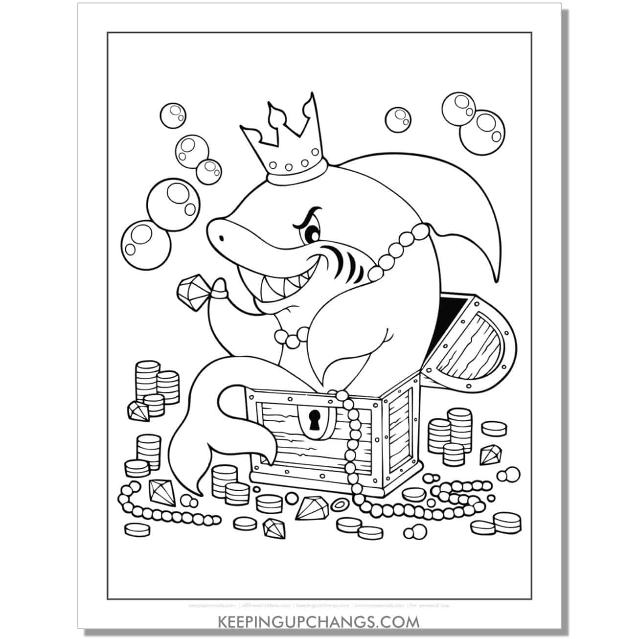 free king shark with jewels, treasure coloring page, sheet.