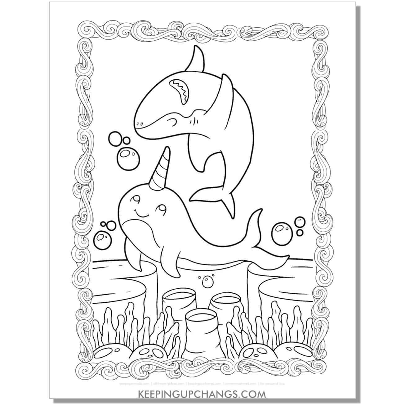 free shark with narwhal coloring page, sheet.