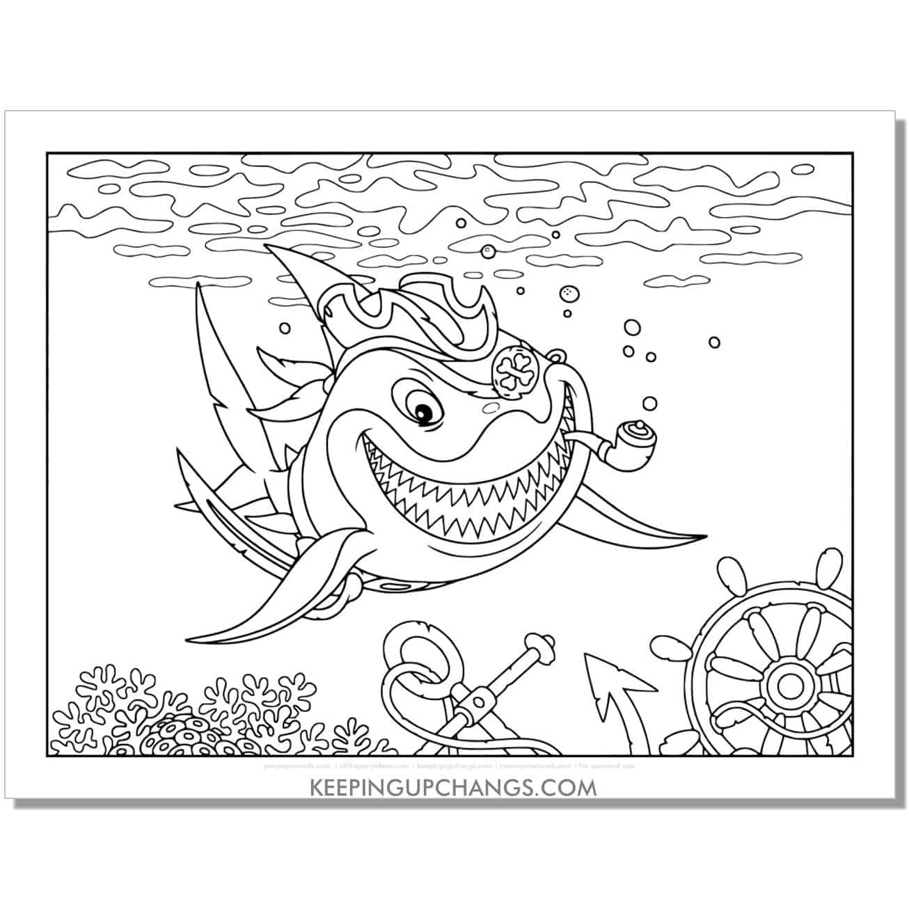 free pirate shark with hat, pipe coloring page, sheet.