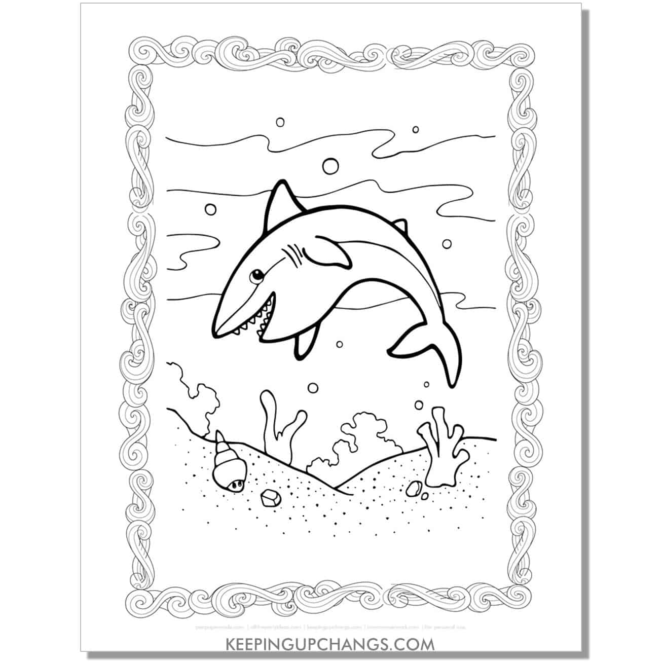 free happy shark in ocean coloring page, sheet.