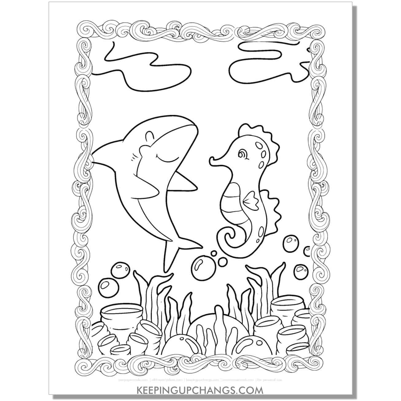 free shark with seahorse coloring page, sheet.