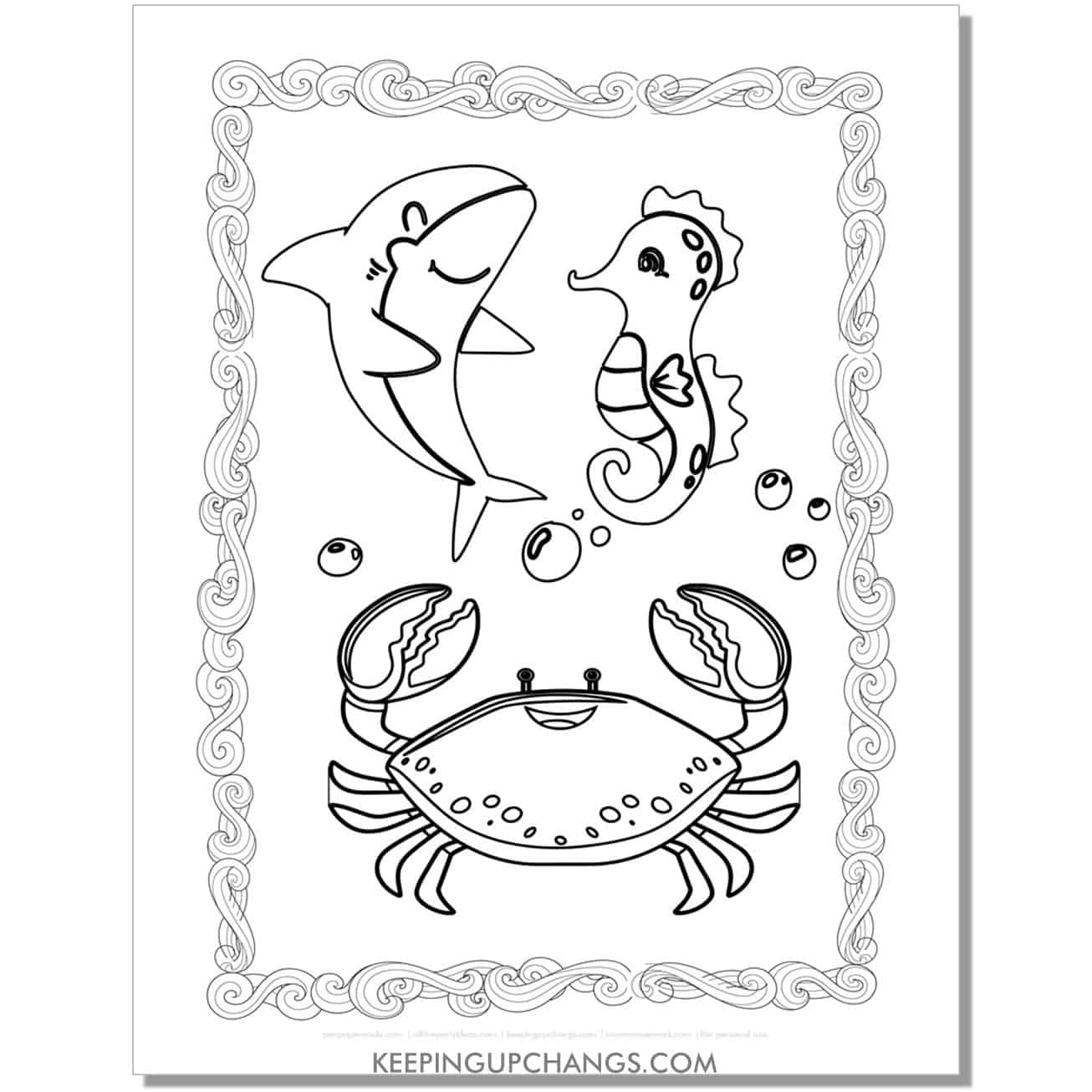 free shark with seahorse, crab coloring page, sheet.