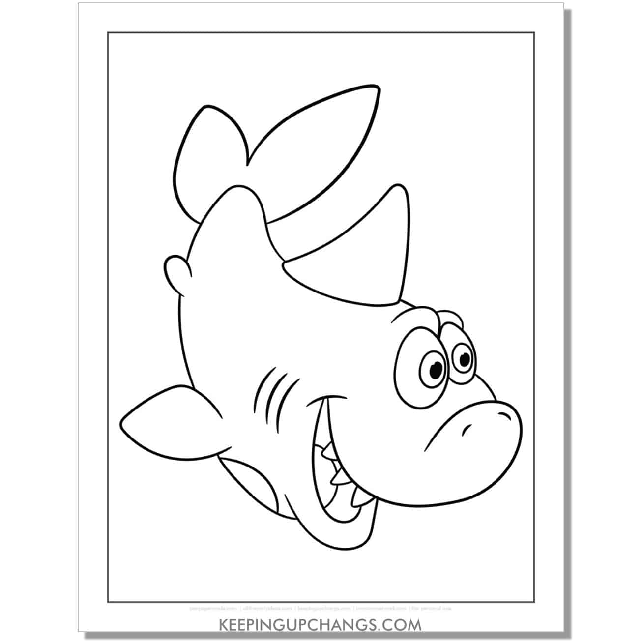 free happy shark with short nose coloring page, sheet.