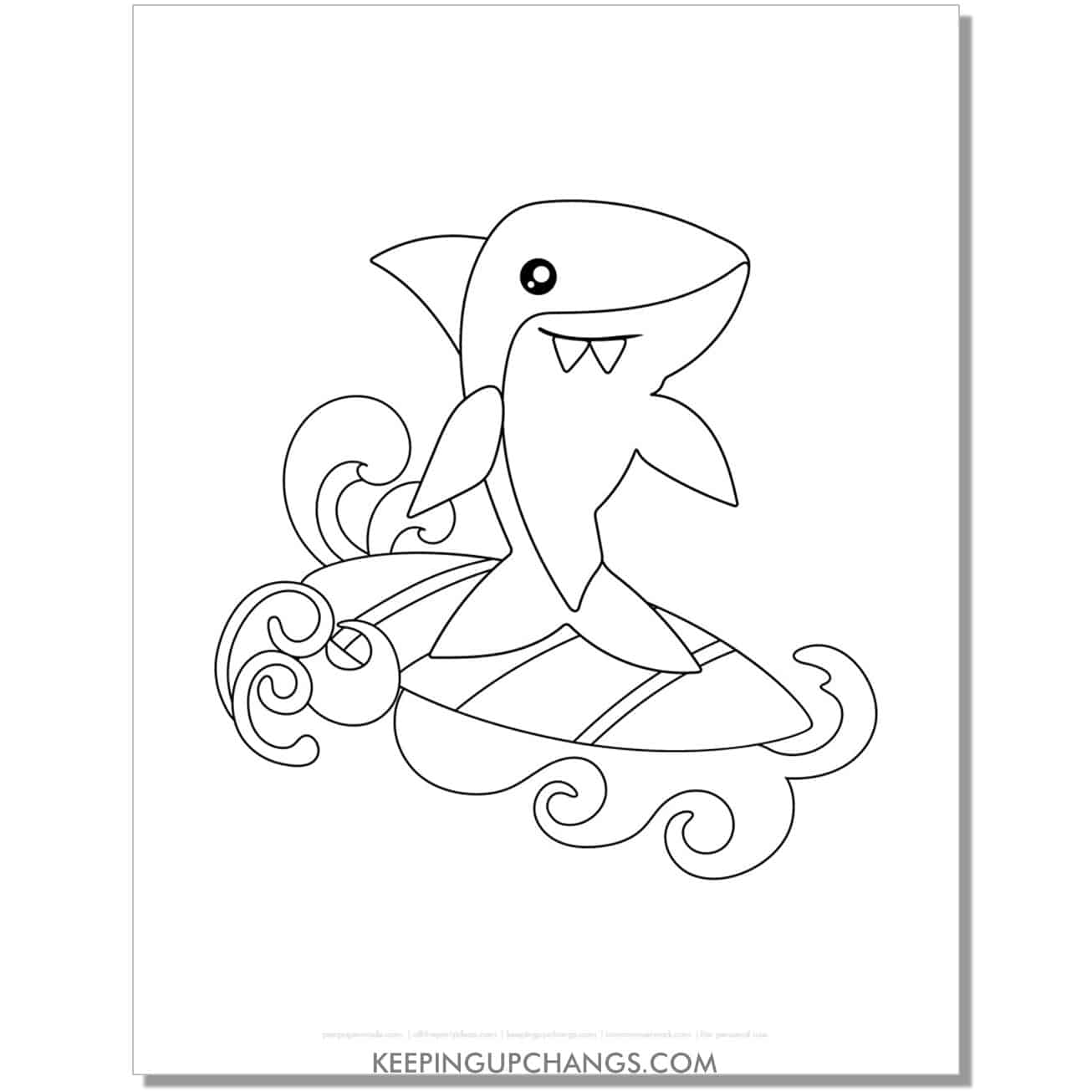 free summer shark surfing coloring page, sheet.