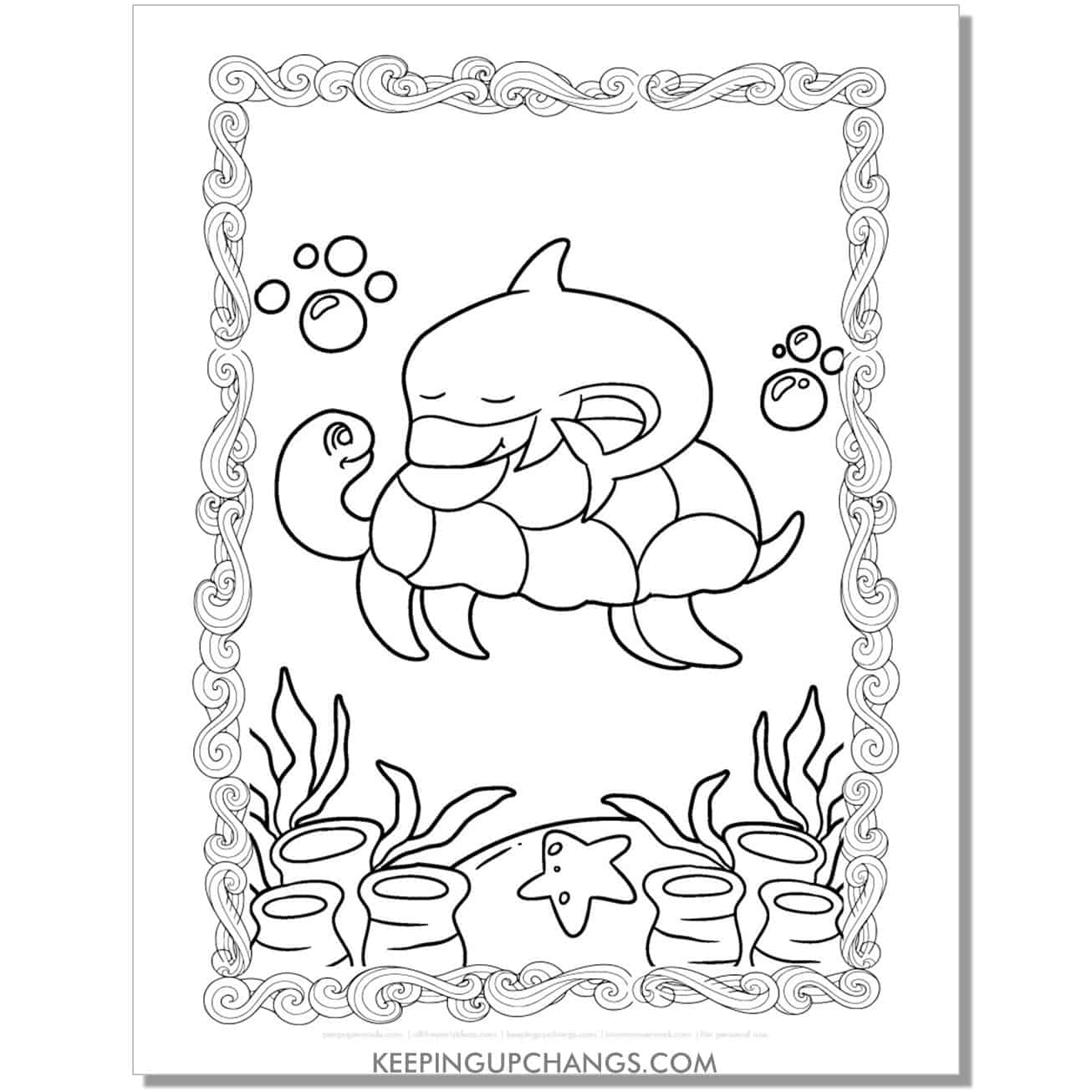 free shark with turtle coloring page, sheet.