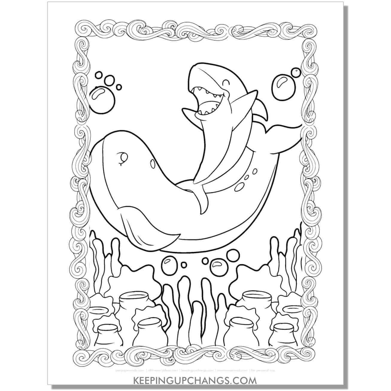 free shark with whale coloring page, sheet.
