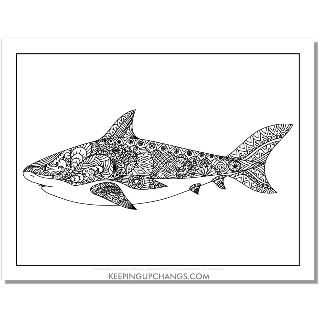 free beautiful zentangle shark coloring page, sheet for adults.