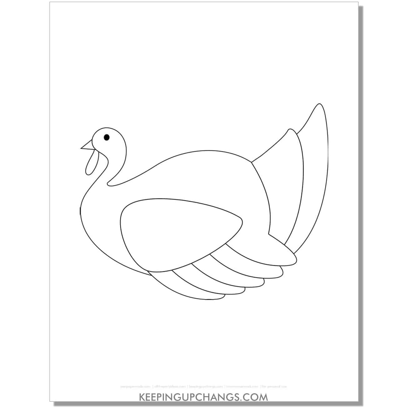 large, sitting turkey template in side view with wings and feathers.