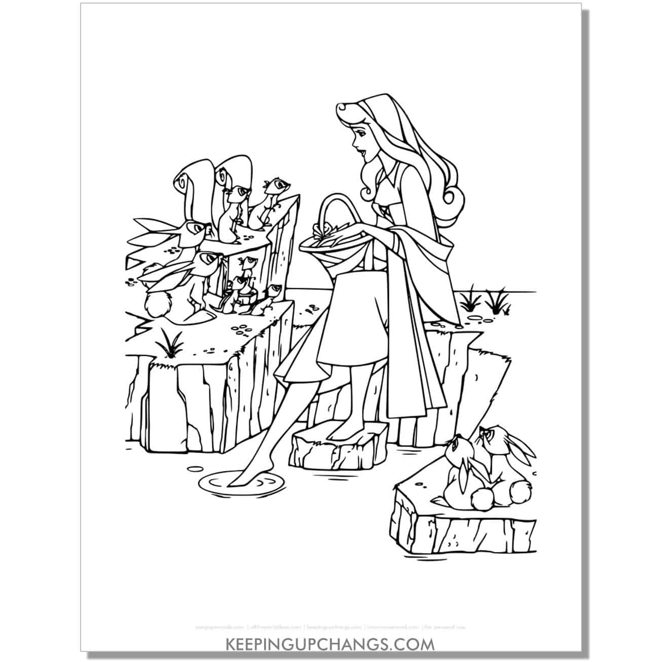 free aurora princess with forest animals coloring page, sheet.