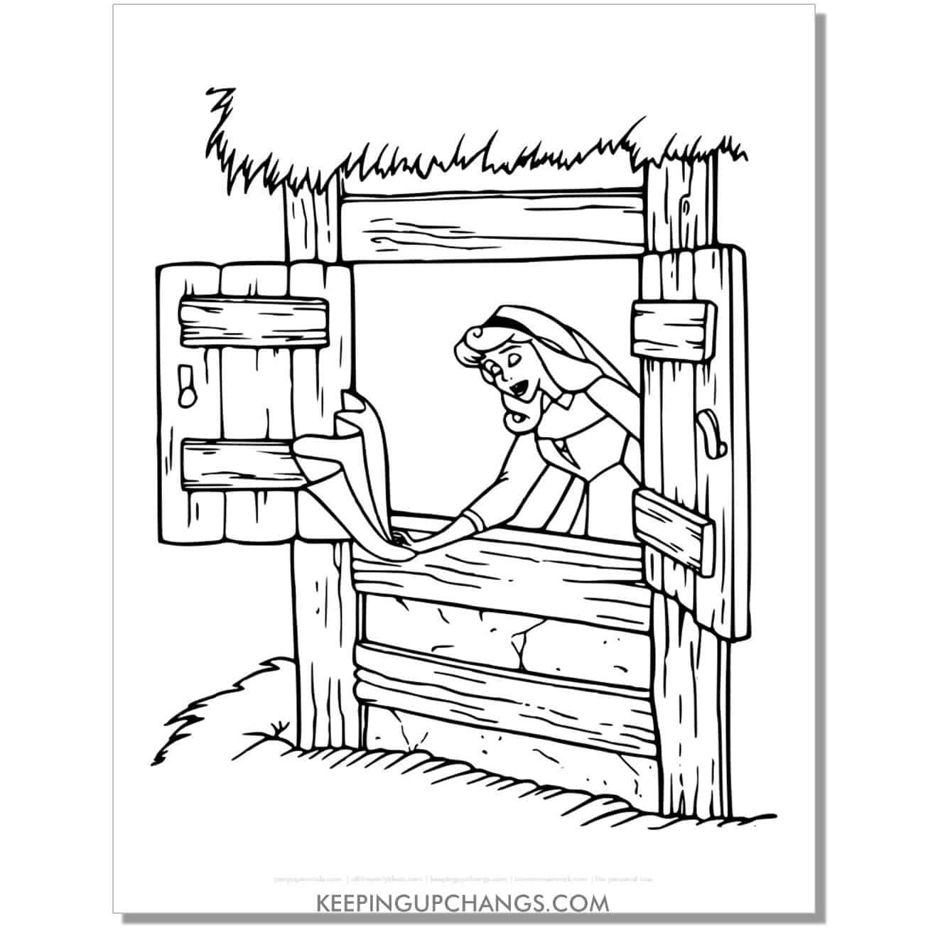 free aurora at stable door coloring page, sheet.