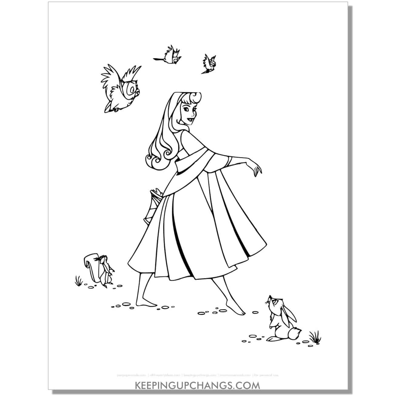 free briar rose with animals coloring page, sheet.
