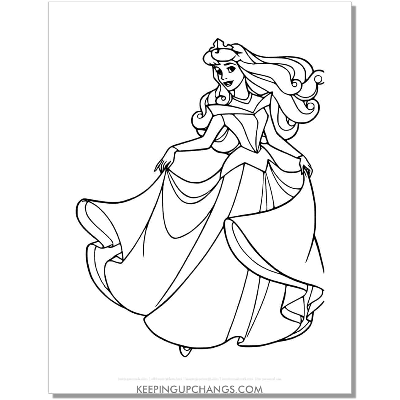 free aurora sleeping beauty in dress coloring page, sheet.