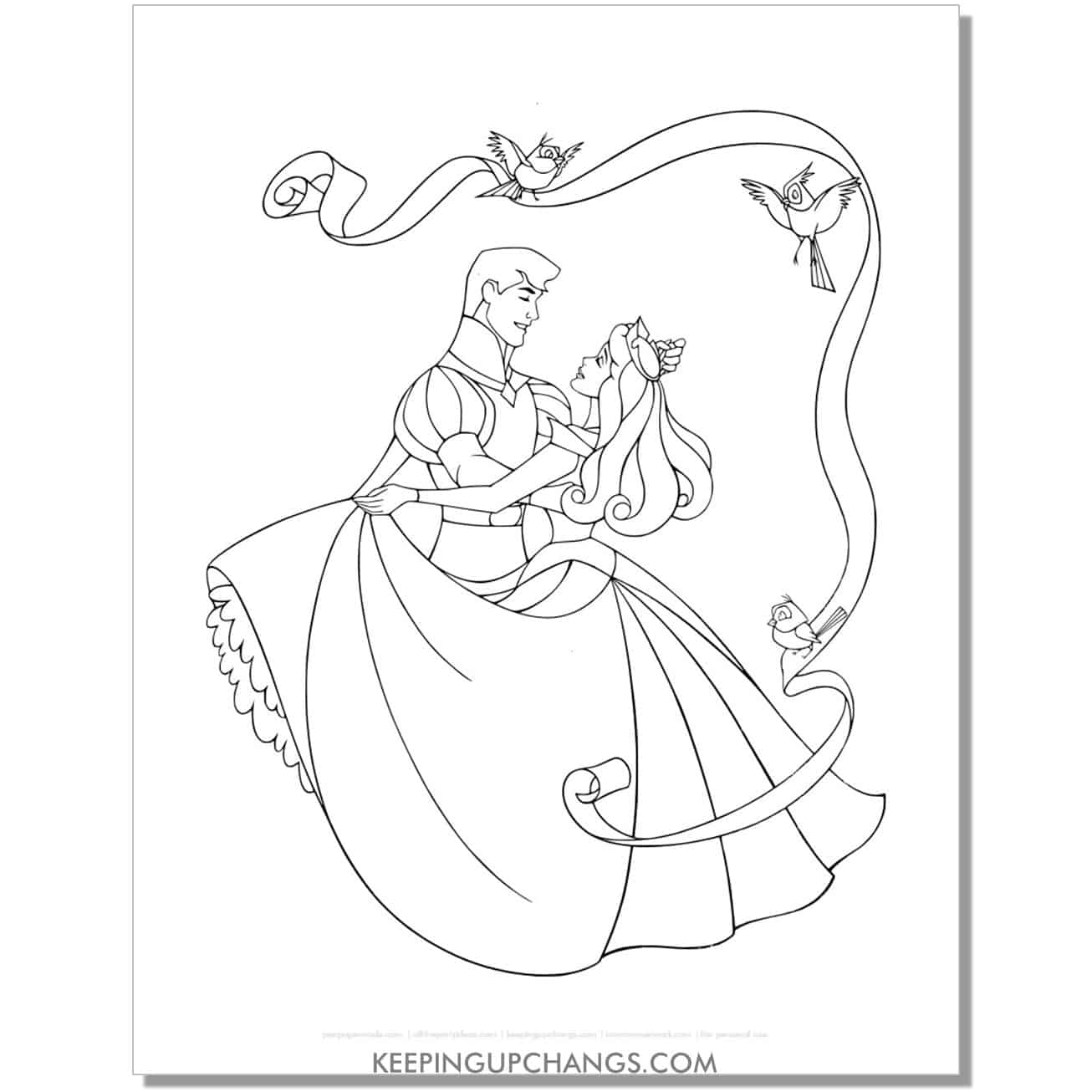 free sleeping beauty princess with prince phillip coloring page, sheet.