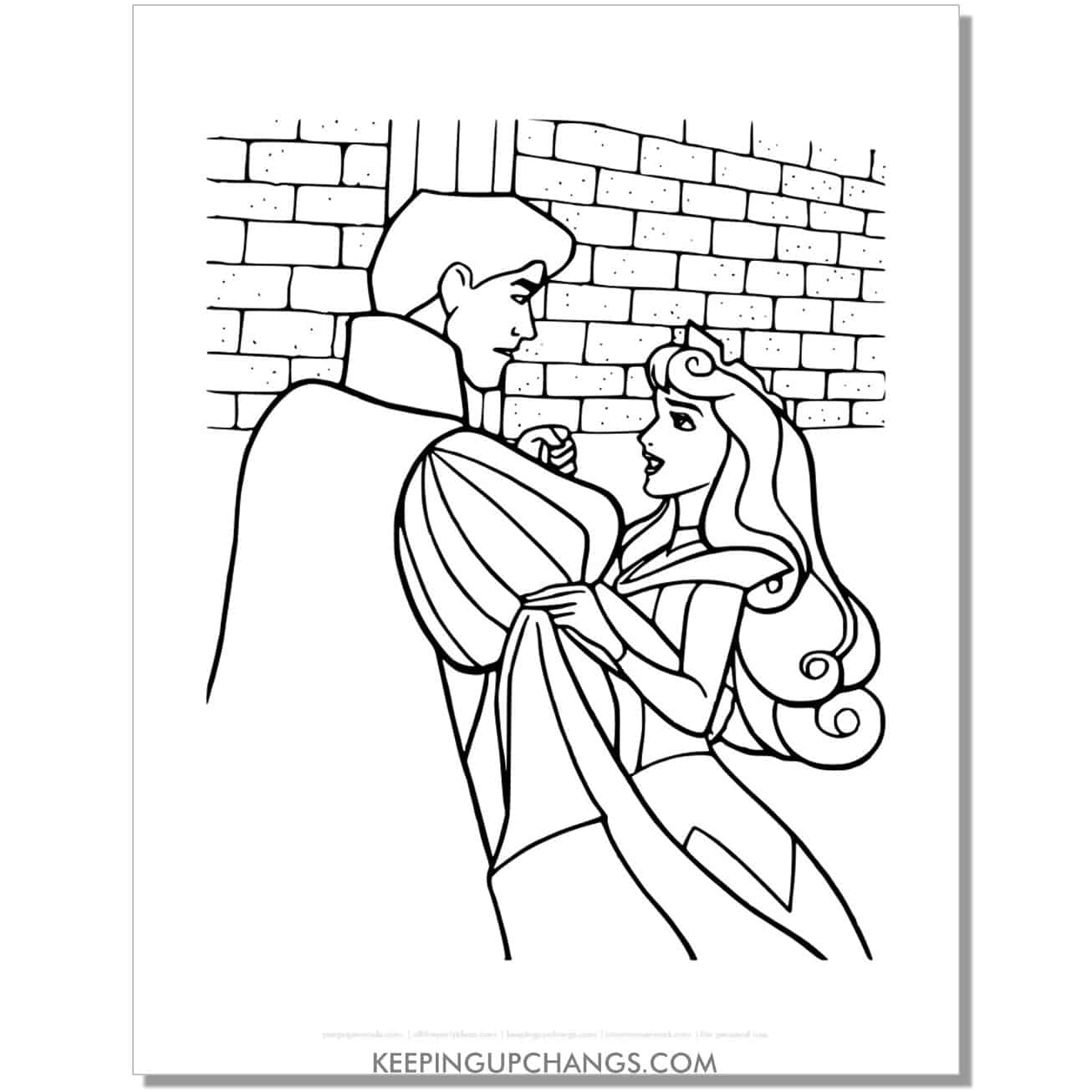 free princess aurora with prince phillip coloring page, sheet.