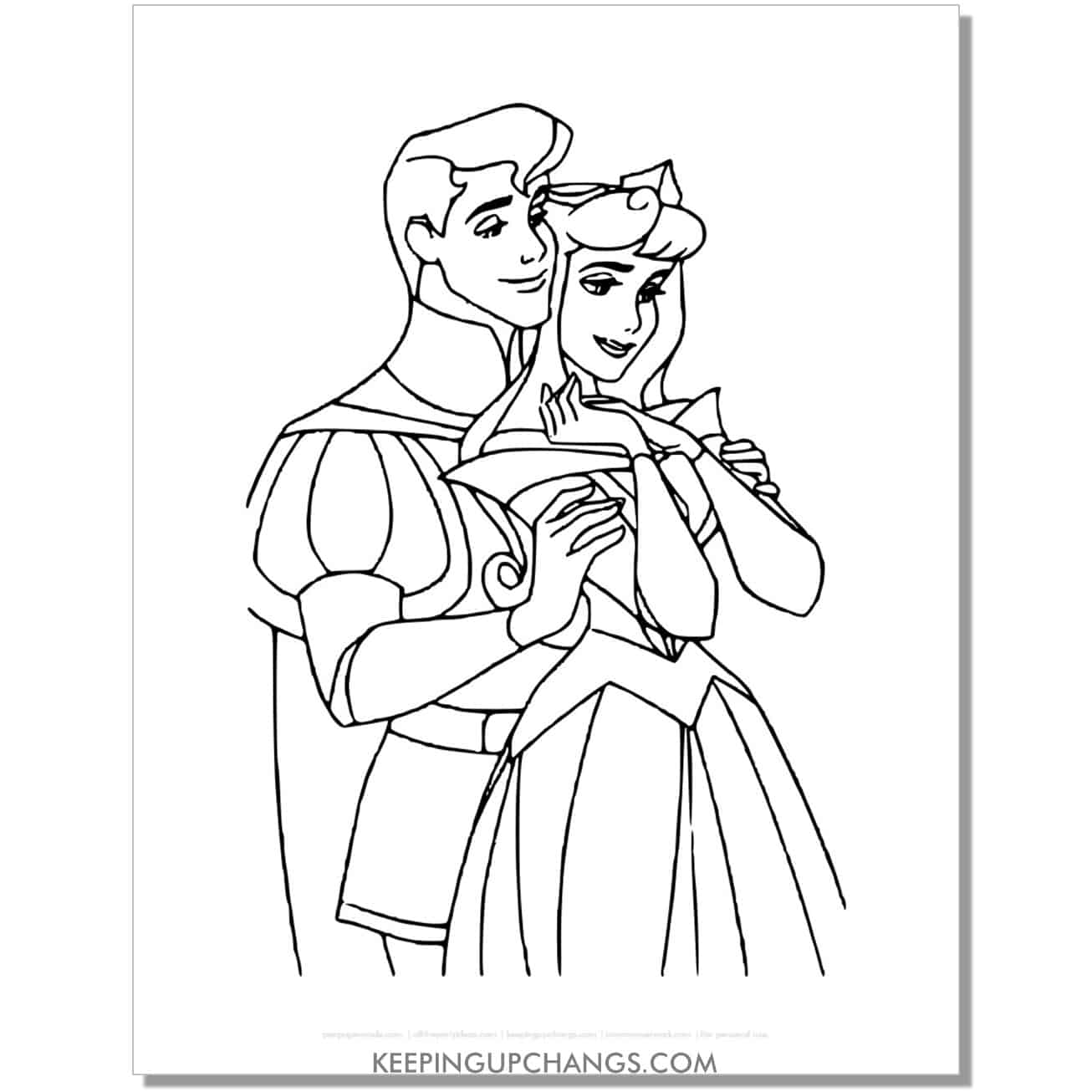 free princess aurora hugging prince phillip coloring page, sheet.