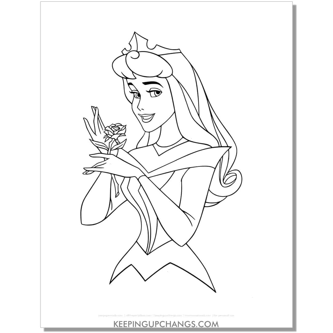 free aurora sleeping beauty princess with rose coloring page, sheet.