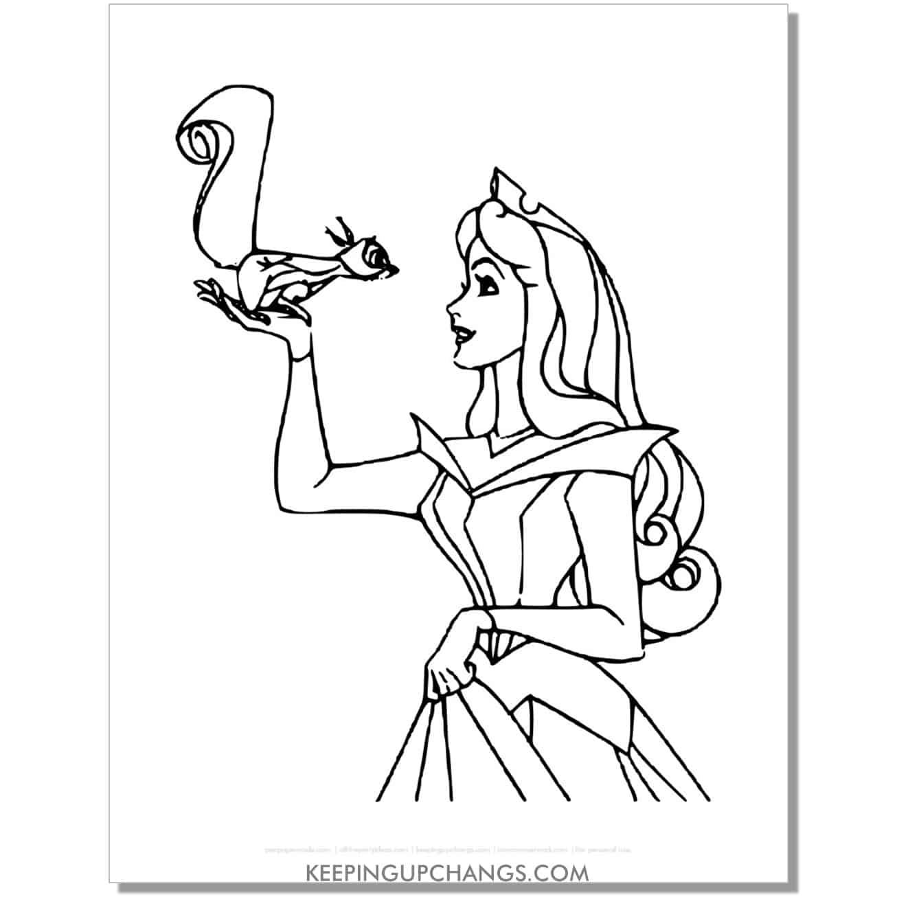 free sleeping beauty princess aurora with squirrel coloring page, sheet.
