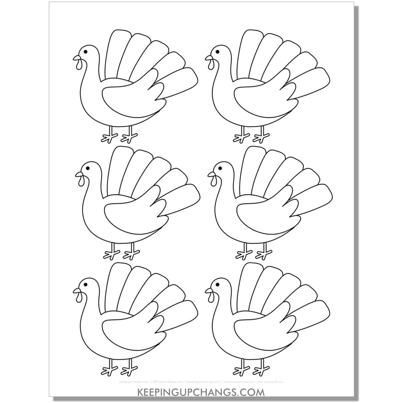 small side view turkey template outline with 6 on a page.