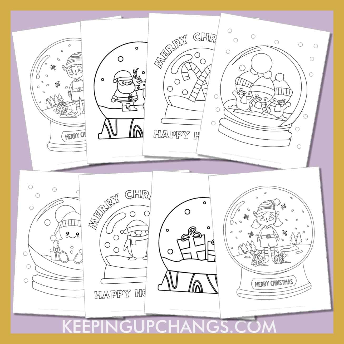 snow globe colouring sheets including blank template, santa claus, reindeer, penguin, snowman, gingerbread, and more.