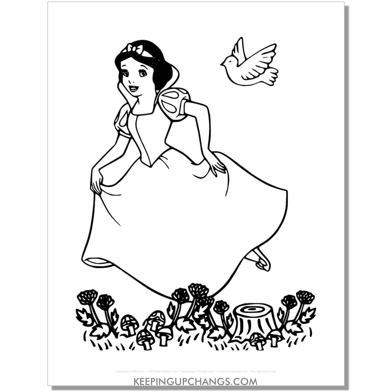 snow white traveling in forest coloring page, sheet.