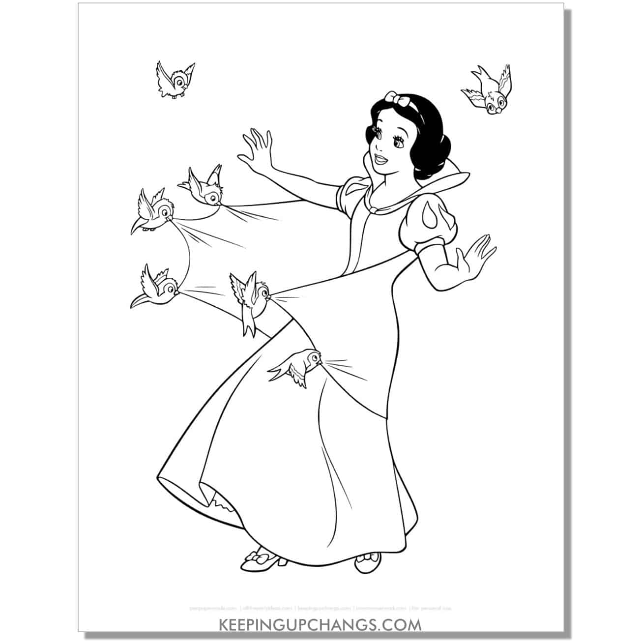 snow white playing with birds coloring page, sheet.