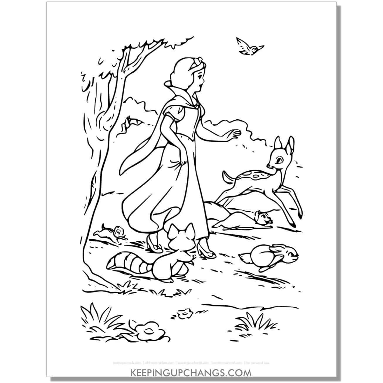 snow white walking with forest animals coloring page, sheet.