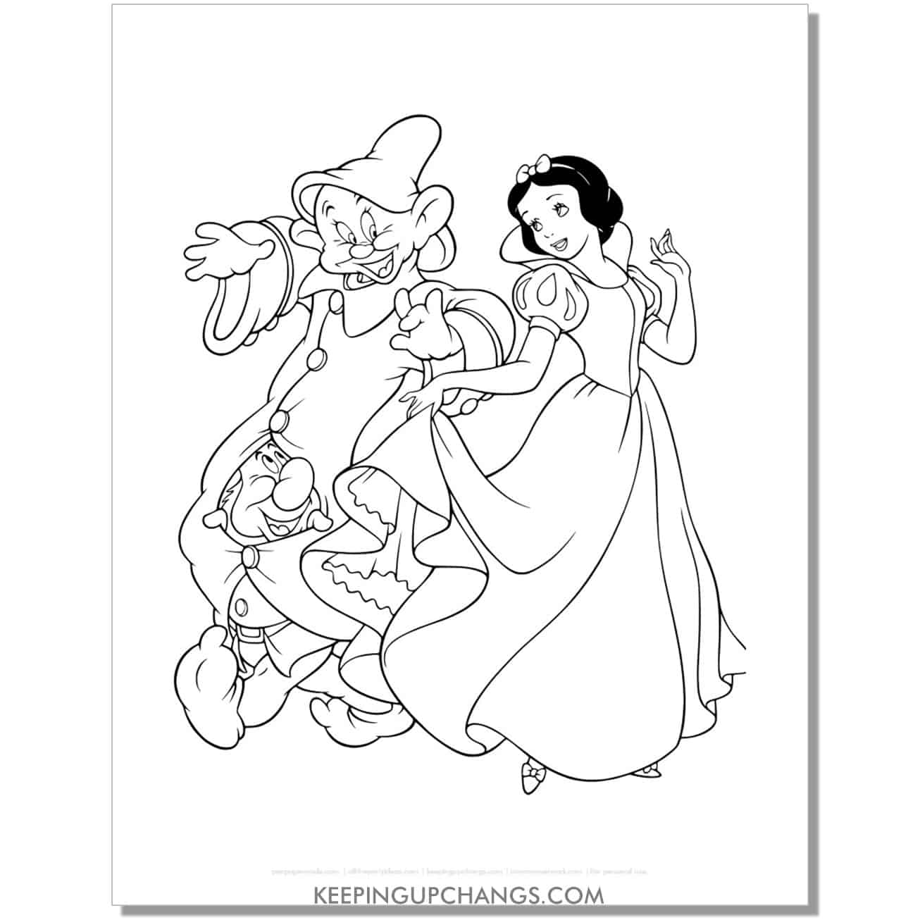 snow white dancing with dopey, sneezy coloring page, sheet.