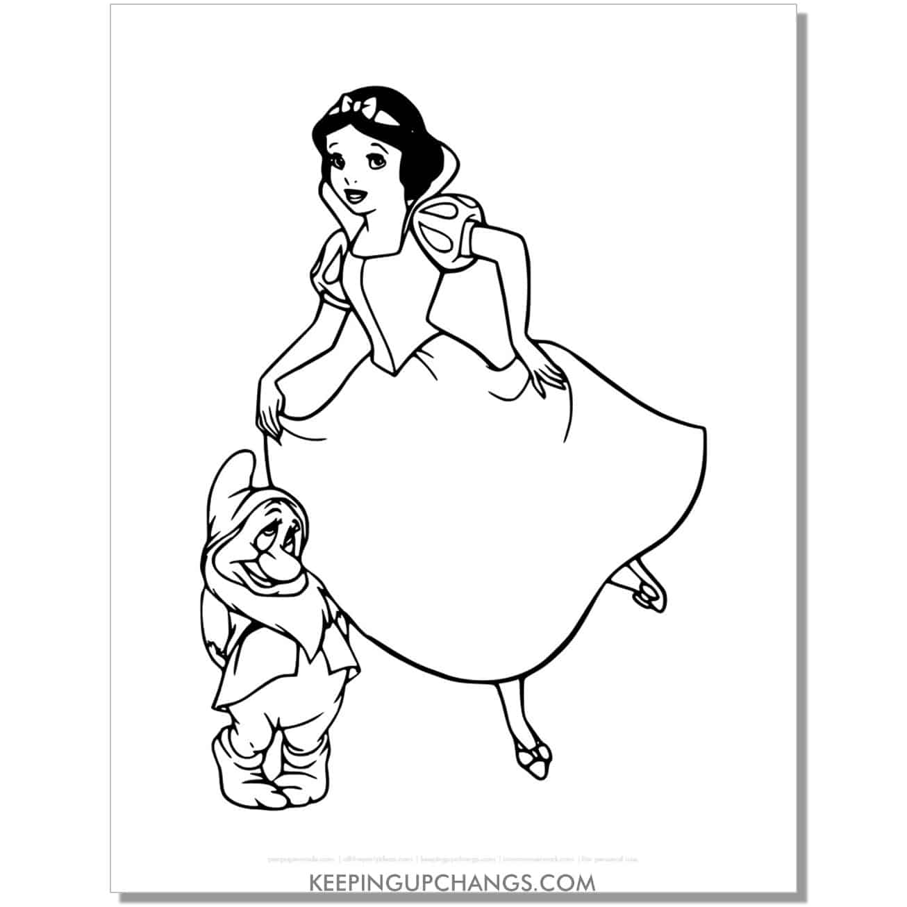 snow white with bashful coloring page, sheet.