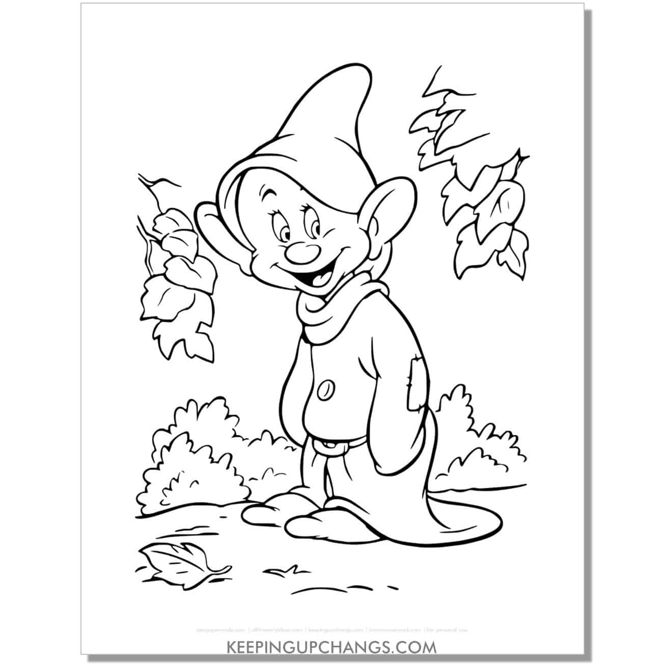 snow white dwarf dopey coloring page, sheet.