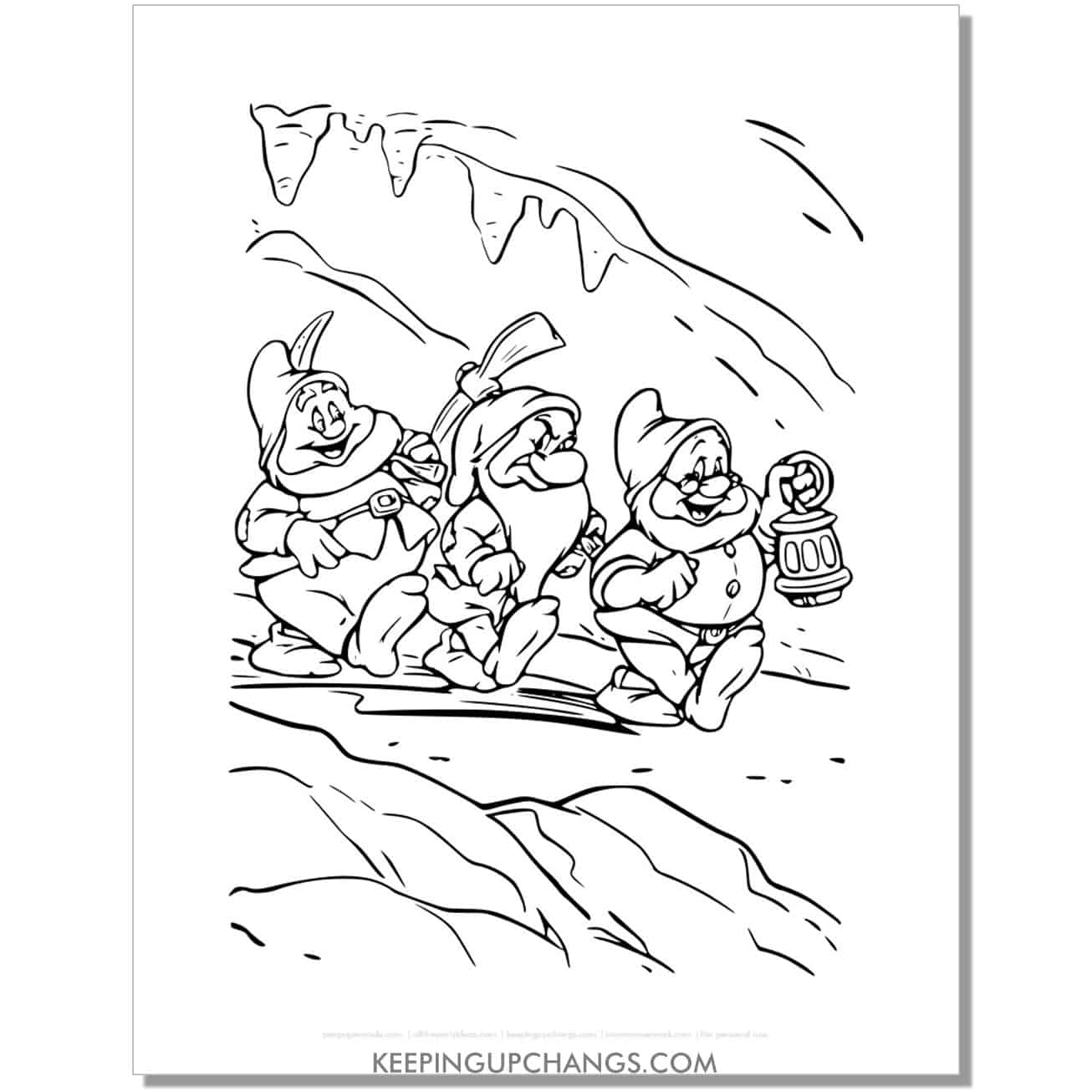 snow white dwarfs in mine coloring page, sheet.